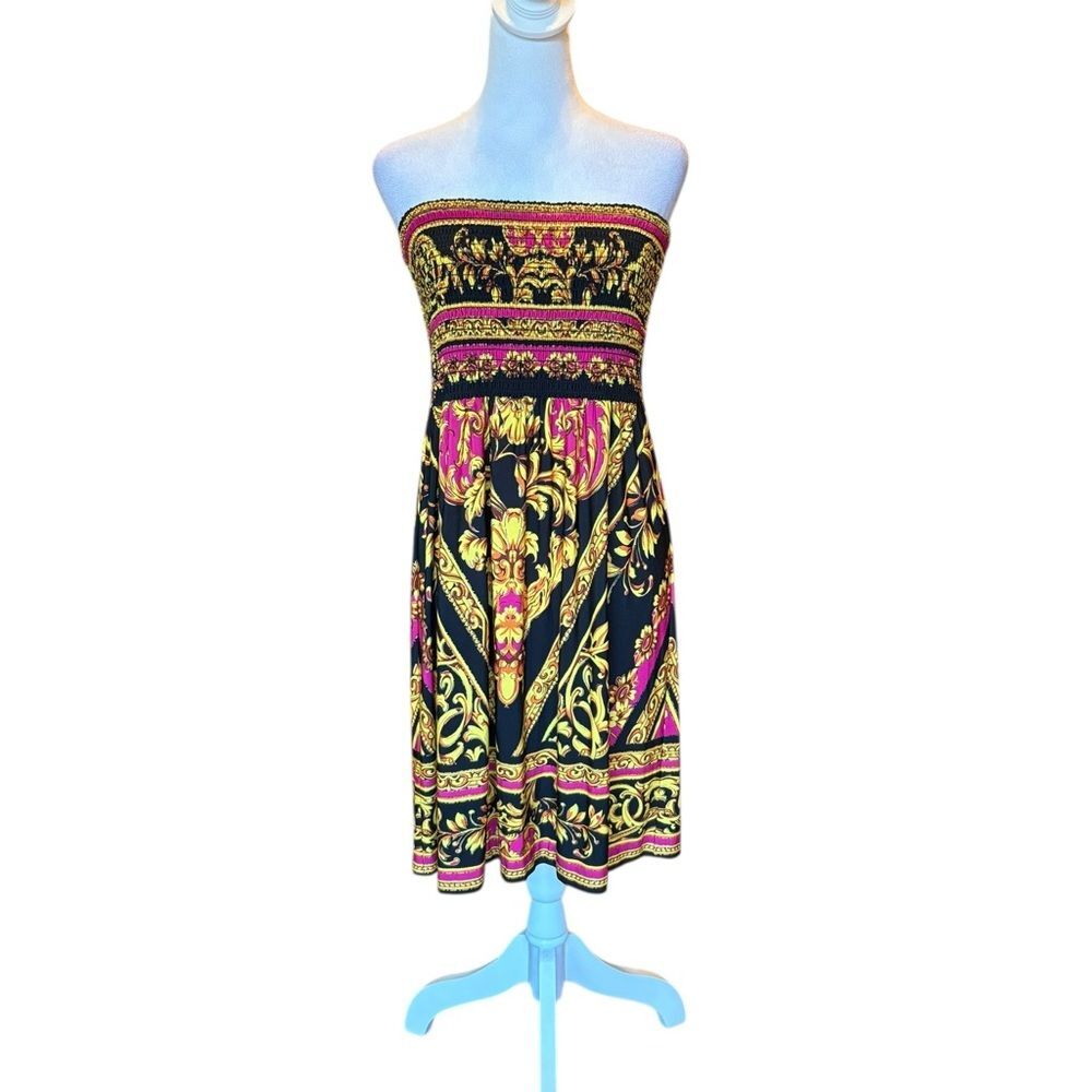 Cache Vintage Y2K Strapless Mini Dress Beach Cover Up Womens XL Black Gold Pink
